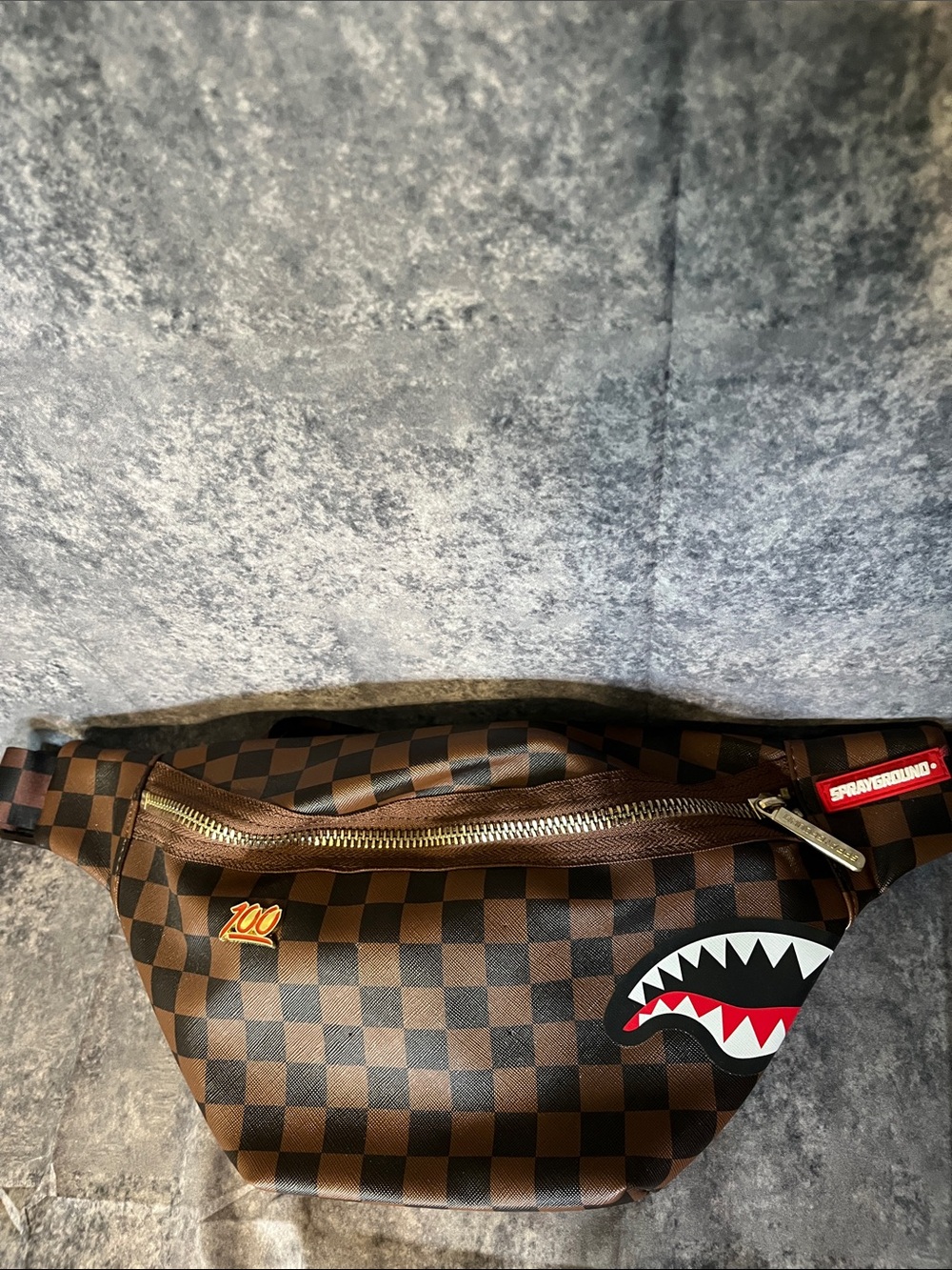Sprayground Brown Checkered Waist Bag with Shark Mouth Graphic